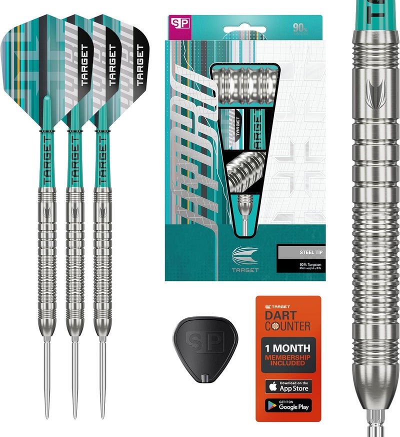 Target Darts مجموعة سهام هيدرو ستيل تيب، 21G/22G/23G/24G/25G/26G (برميل 01/02/03) | سهام تنگستن 90%، رؤوس سويسرية فضية، أعمدة برو جريب وتاج وأجنحة برو الترا رقم 6، أداة SP متضمنة - Image 1